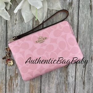Coach Corner Zip Wristlet In Signature Canvas With Charms Purse Powder Pink